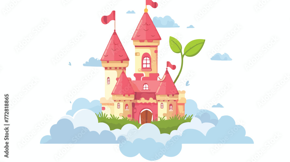 Cartoon Castle with bean sprout in the clouds flat vector