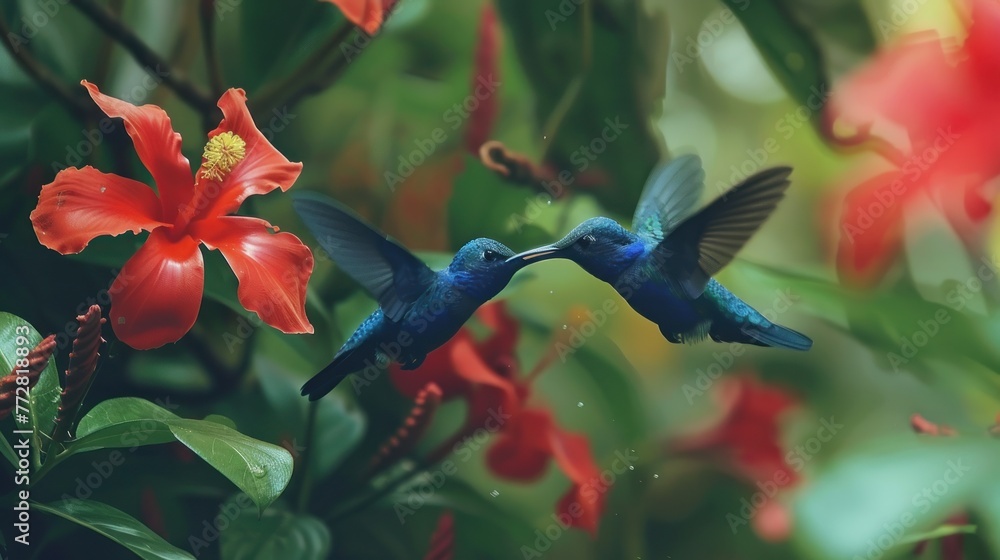 Obraz premium Dance of the Violet Sabrewings: Hummingbirds’ Ballet by the Blossoms Generative AI