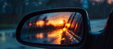 A captivating view of a sunset captured in the side mirror of a car, reflecting an introspective journey