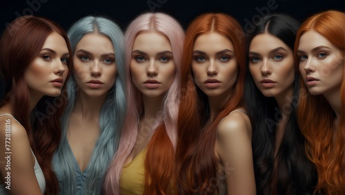 A collective photograph featuring six stunning women, each showcasing unique hair colors and skin tones.




