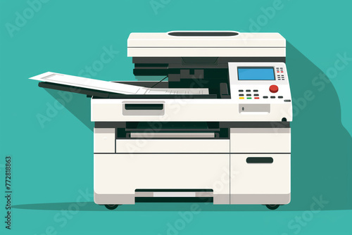 Professional office copier, multifunction printer printing paper documents. Printer and copier machine for office work. Vector illustration in flat style photo