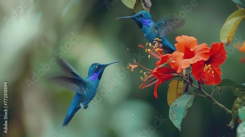 Dance of the Violet Sabrewings: Hummingbirds’ Ballet by the Blossoms Generative AI © Gelpi