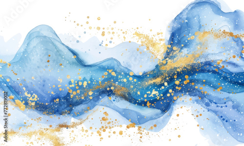 Watercolor blue abstract splash with gold glitter