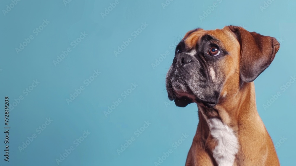 Expressive Boxer Dog Portrait Against Cool Blue, Gazing with Soul - Generative AI