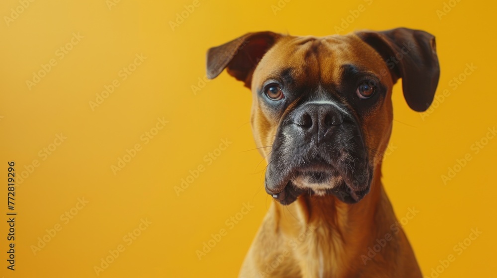 Boxer Dog's Intense Stare on a Bold Yellow Canvas - Generative AI