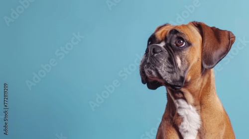 Expressive Boxer Dog Portrait Against Cool Blue, Gazing with Soul - Generative AI © Gelpi