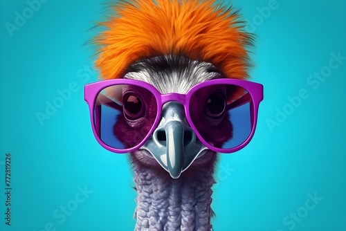 Close-up of the head of a funny ostrich wearing sunglasses on a blue background  created by AI