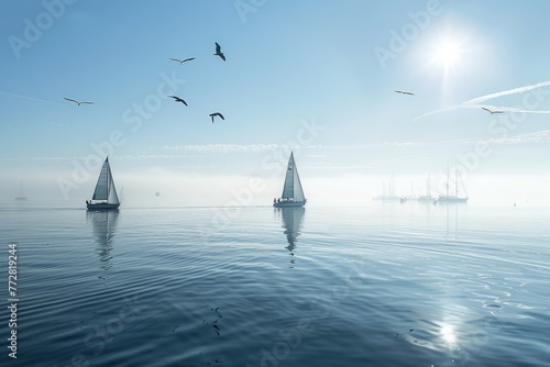 A serene waterfront scene, with sailboats drifting on calm waters and seagulls soaring overhead, providing a tranquil setting for contemplation during the working hour, Generative AI