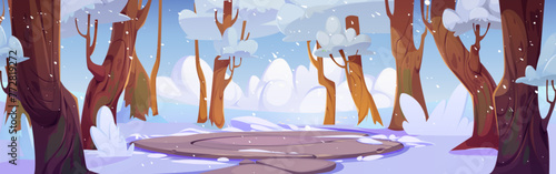 Stone round battleground arena or podium in winter snowy forest. Cartoon vector landscape with rock circular platform surrounded by trees and ground covered with snow. Battle arena or magic portal.