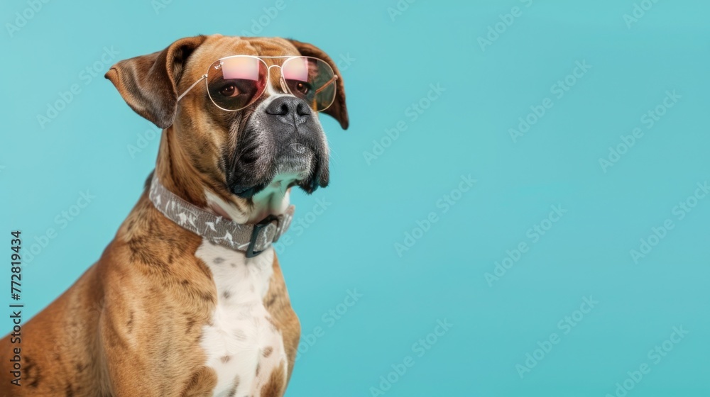 Hipster Boxer Dog Rocks Sunglasses, Oozing Cool on Turquoise - Generative AI Hipster Boxer Dog Rocks Sunglasses, Oozing Cool on Turquoise - Generative AI