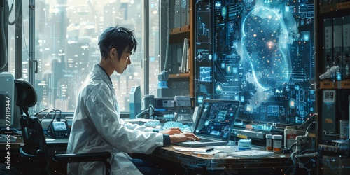 A doctor in traditional clothing types on a laptop as a floating AI interface displays data and holographic human anatomy images, Generated by AI #772819447