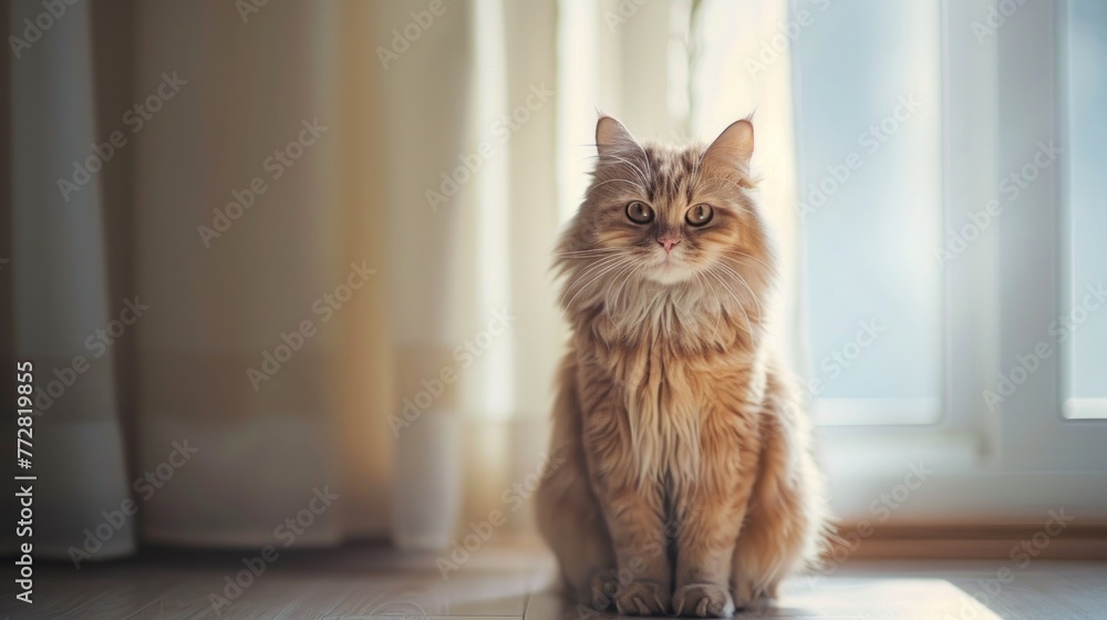 Elegant British Longhair Cat Gazing Serenely - Portrait Study Generative AI
