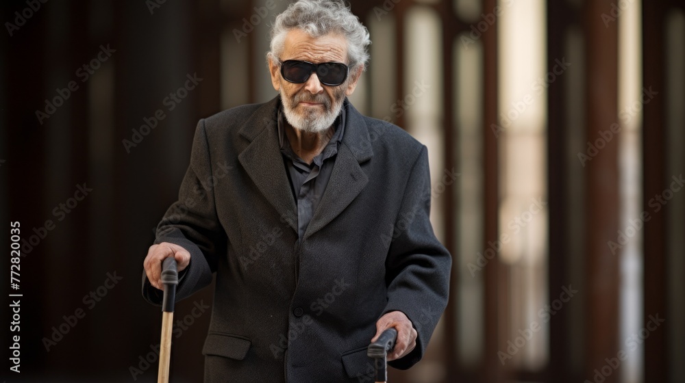 Photo of elderly bearded man wearing a black suit and sunglasses walking along a city street with two canes. People with Disabilities, Health concepts. - obrazy, fototapety, plakaty 