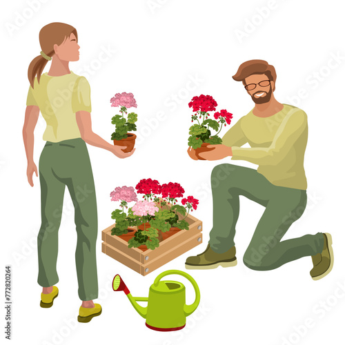 A young man and girl take care of house plants. Isometric people with flowers isolated on white. Flower shop sellers, florists carrying homeplants, consultants. 3D Isometric vector illustration.