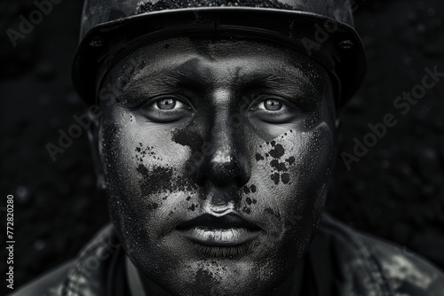 portrait of a miner with coal dust on their face