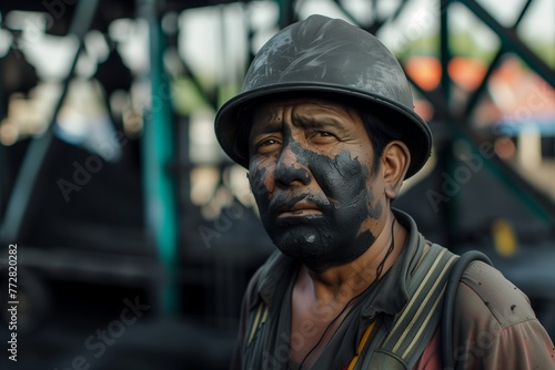 portrait of a miner with coal dust on their face
