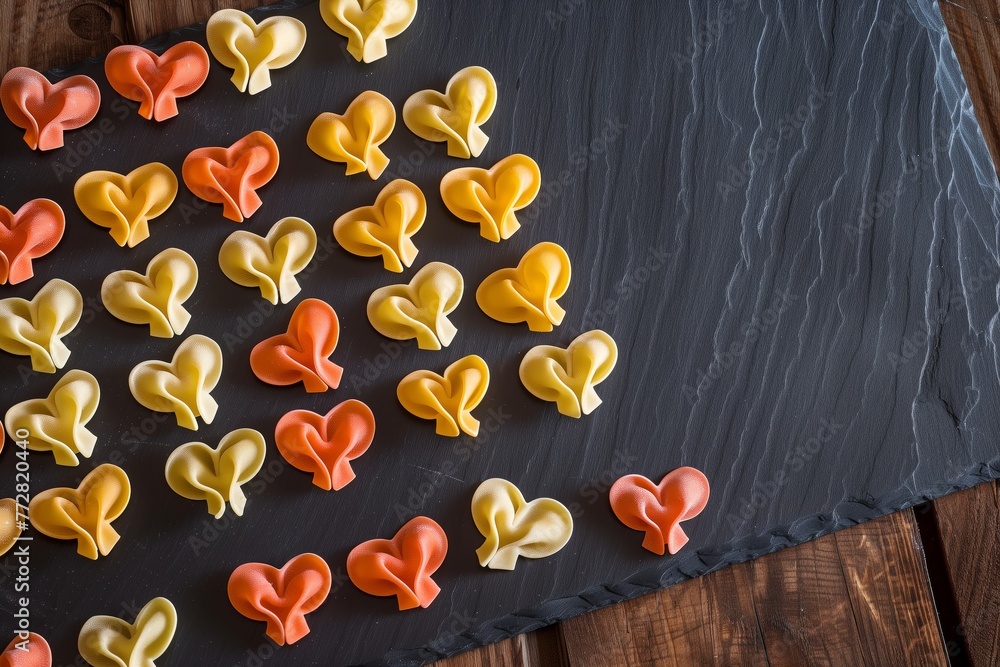 artful display of pasta hearts on a dark slate board artful display of pasta hearts on a dark slate board