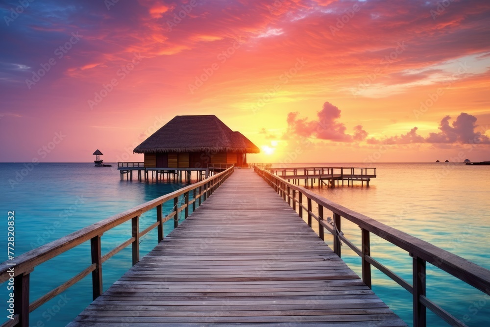 Obraz premium Wooden jetty at sunset in tropical island with water bungalows An amazing sunset landscape Picturesque summer sunset , Ai generated