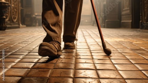 Close up of photo of elderly man walking with cane on the sidewalk in city. Man using walking stick to cross the street. People with Disabilities, Health concepts. photo