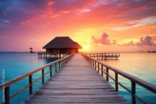 Wooden jetty at sunset in tropical  island with water bungalows An amazing sunset landscape Picturesque summer sunset   Ai generated
