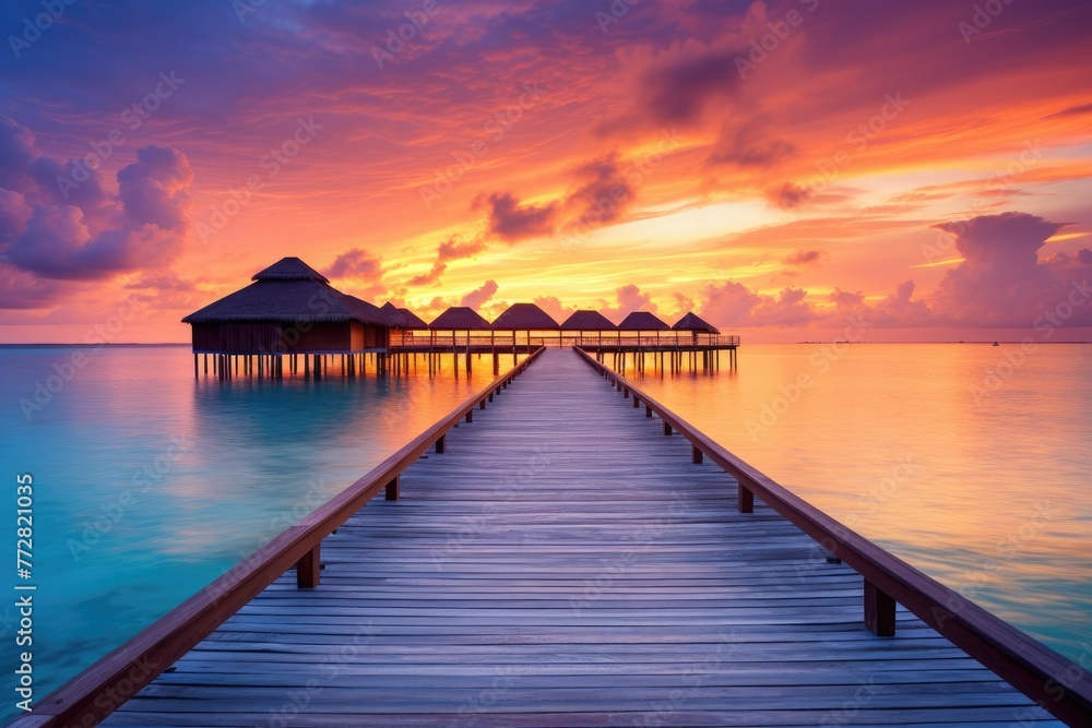 Obraz premium Wooden jetty at sunset in tropical island with water bungalows An amazing sunset landscape Picturesque summer sunset , Ai generated
