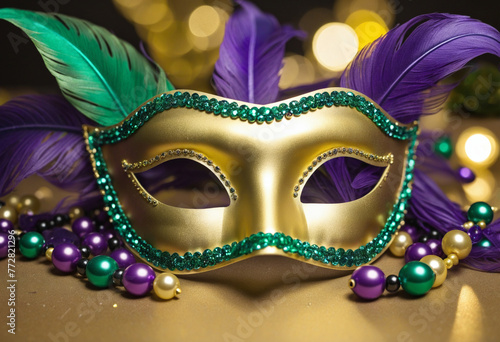Gold, purple and green glittery mardi gras mask on shining bokeh city background colorful background