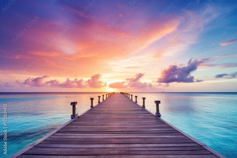 Obraz premium Wooden jetty at sunset in tropical island with water bungalows An amazing sunset landscape Picturesque summer sunset , Ai generated