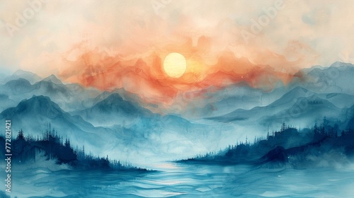 Misty mountain landscape at sunset #772821421