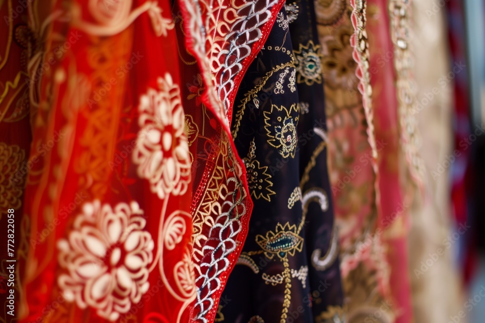 closeup of intricate saree embroidery in a boutique setting