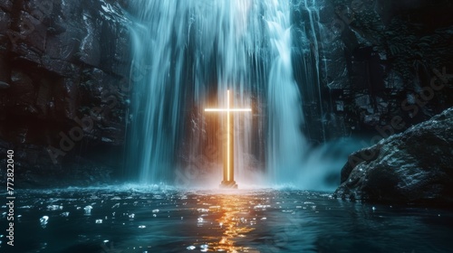 Incandescent cross glowing underneath a waterfall 