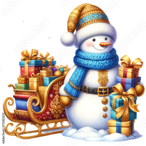 A snowman is holding a sled full of presents and a scarf. The scene is festive and joyful, with the snowman representing the holiday spirit and the presents symbolizing the gift-giving tradition © Wonderful Studio