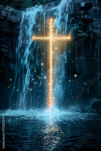 Incandescent cross glowing underneath a waterfall  © cristian