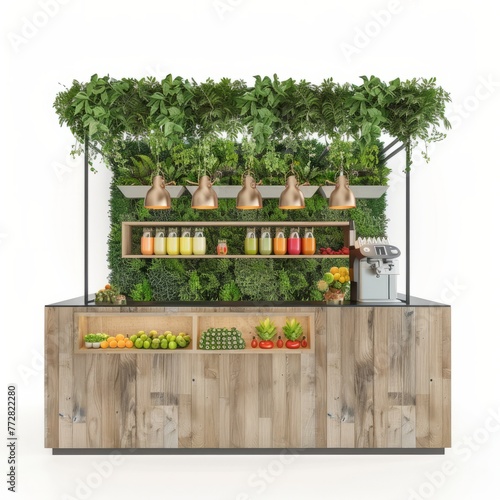 3D Render of a trendy juice bar with a living plant wall and organic smoothie bowls, on isolated white background, Generative AI