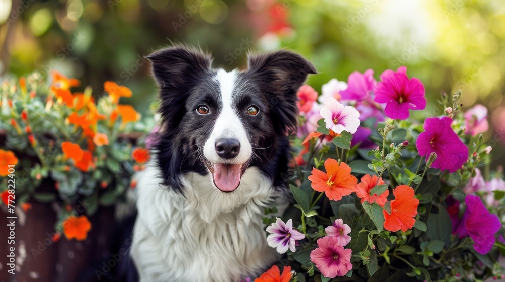 Joyful Border Collie Amidst Spring Blooms Radiating Happiness - Generative AI