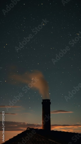 Night sky with stars above a silhouetted smokestack