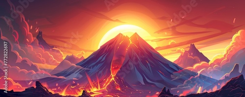 Stylized illustration of a volcanic eruption at sunset