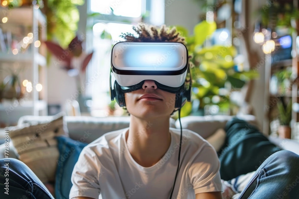 Man immersed in virtual reality experience. An interior shot captures a man deeply engaged with a VR headset, sitting comfortably on a couch Man immersed in virtual reality experience. An interior shot captures a man deeply engaged with a VR headset, sitting comfortably on a couch