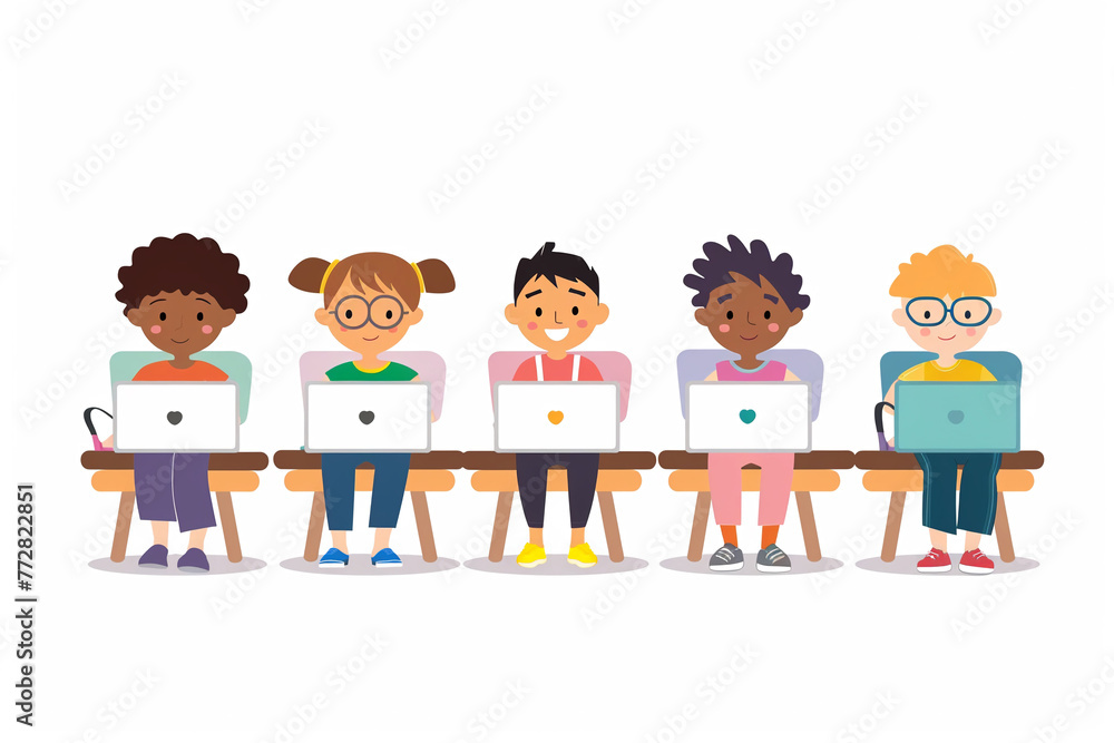 Children in a classroom setting, flat design, each with a laptop, illustrating diversity in coding education Children in a classroom setting, flat design, each with a laptop, illustrating diversity in coding education