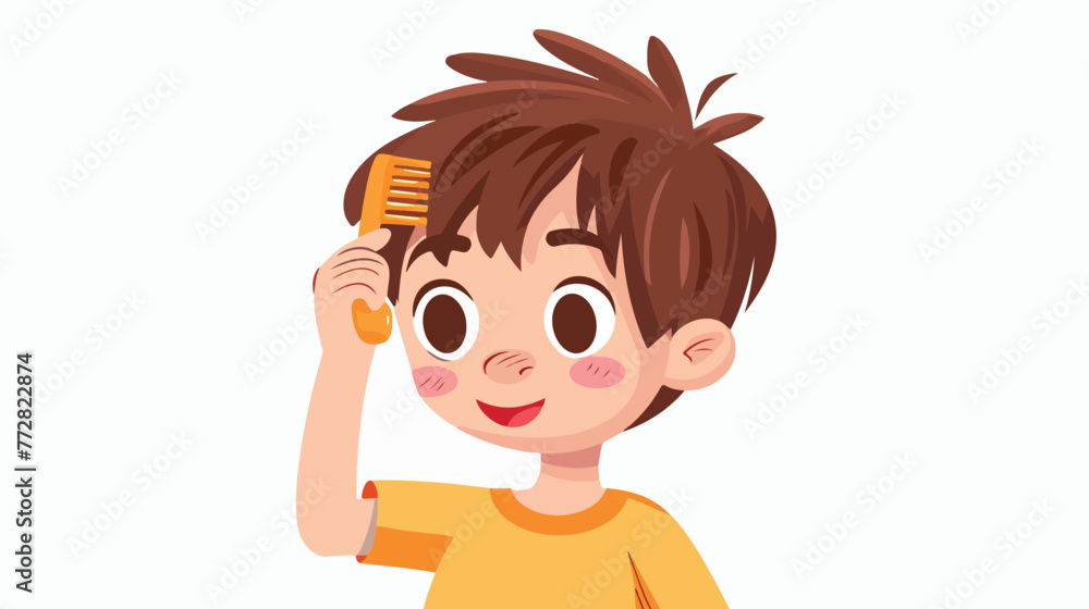 Cartoon little boy combing hair flat vector isolated