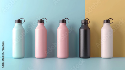 A spectrum of insulated bottles in pastel hues, neatly arranged against a dual-toned blue and yellow background photo