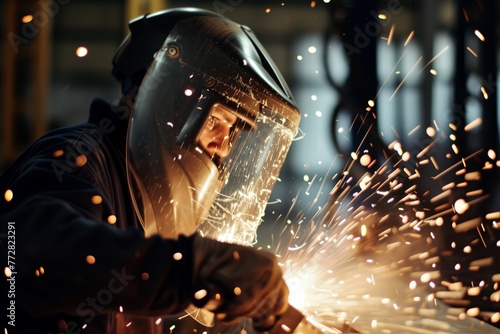 person in fullface shield grinding metal with sparks photo