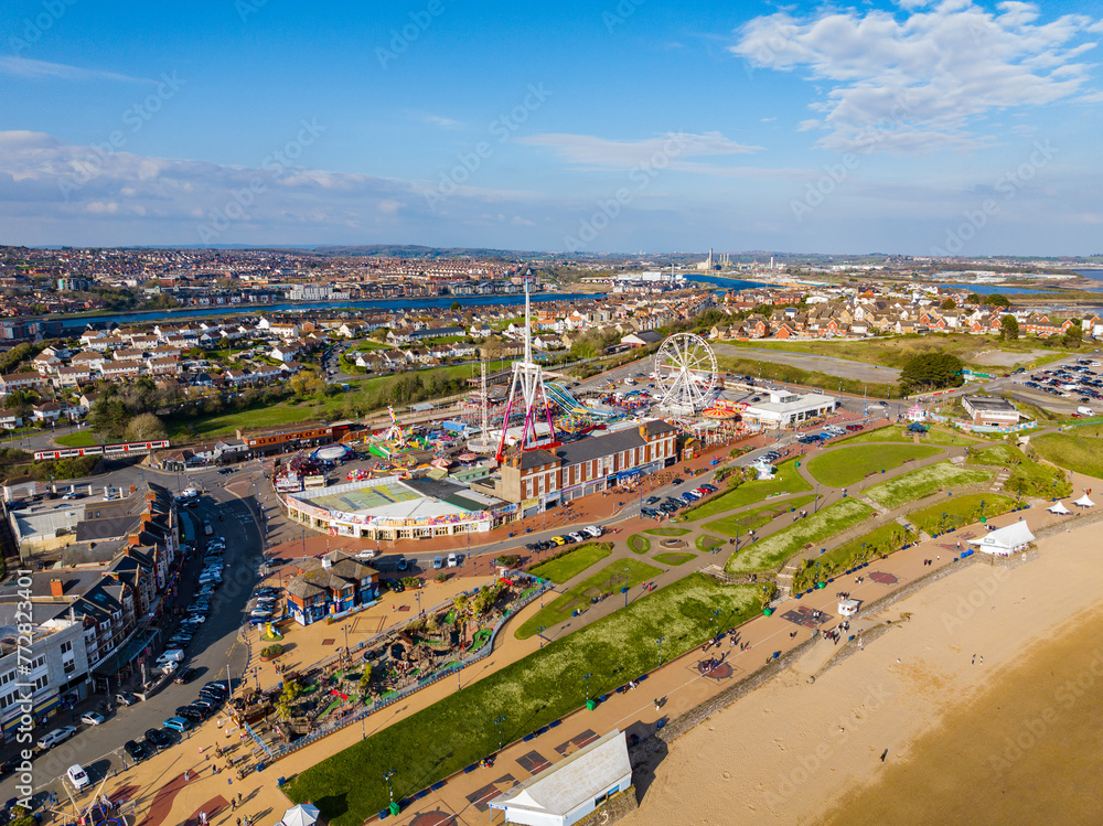 Aerial shot of Barry Island Fairground and Promenade on sunny day
