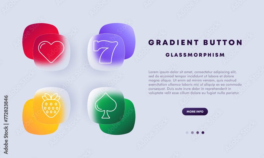 Casino cards set icon. Spades, hearts, seven, bones, strawberries, win, slot machines, card suits, gradient button, flat design. Gambling concept. Glassmorphism style. Casino cards set icon. Spades, hearts, seven, bones, strawberries, win, slot machines, card suits, gradient button, flat design. Gambling concept. Glassmorphism style.