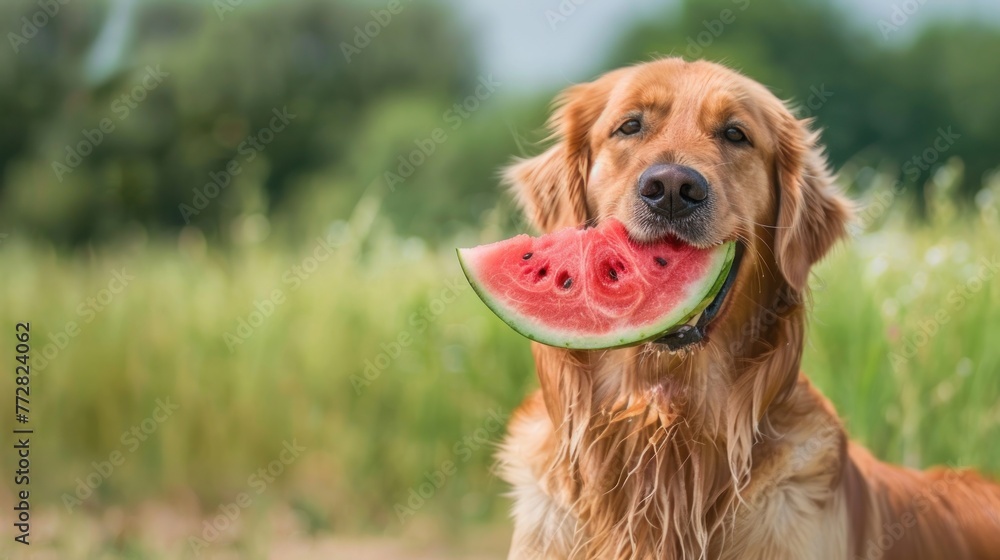 Golden Retriever Savoring a Juicy Watermelon Slice in Summer - Generative AI Golden Retriever Savoring a Juicy Watermelon Slice in Summer - Generative AI