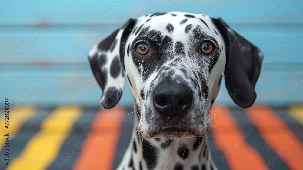 Close-up portrait of a Dalmatian dog with a colorful background Close-up portrait of a Dalmatian dog with a colorful background