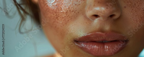 Close-up of a woman's lips and nose with dewy skin