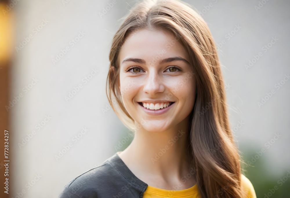 Smiling Woman with Long Blonde Hair in Blue Top, Blurred Background Smiling Woman with Long Blonde Hair in Blue Top, Blurred Background