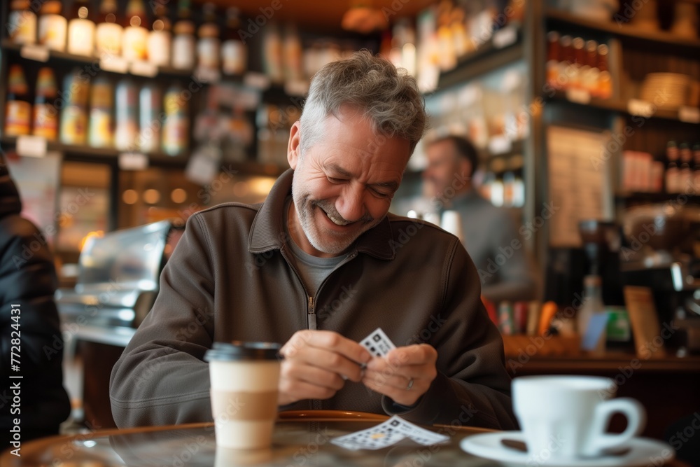 smiling man at a caf studying a lottery ticket with coffee nearby