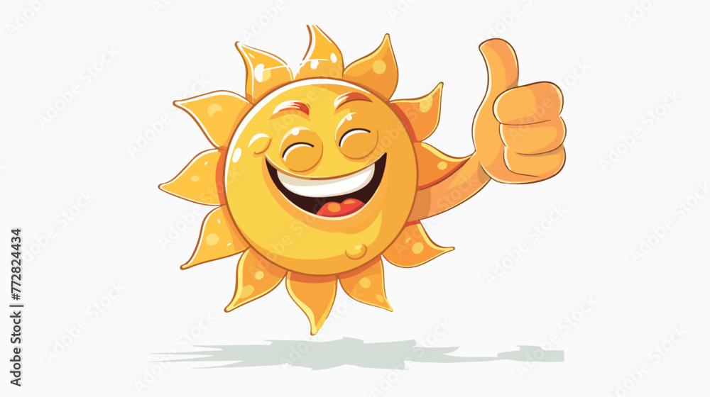Cartoon smiling sun giving thumb up flat vector isolated