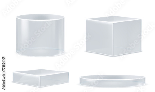 Glass transparent cube and cylinder product podiums of different height. Realistic vector set of plexiglass or plastic round and rectangular stands for goods display. Geometric pillar crystal platform